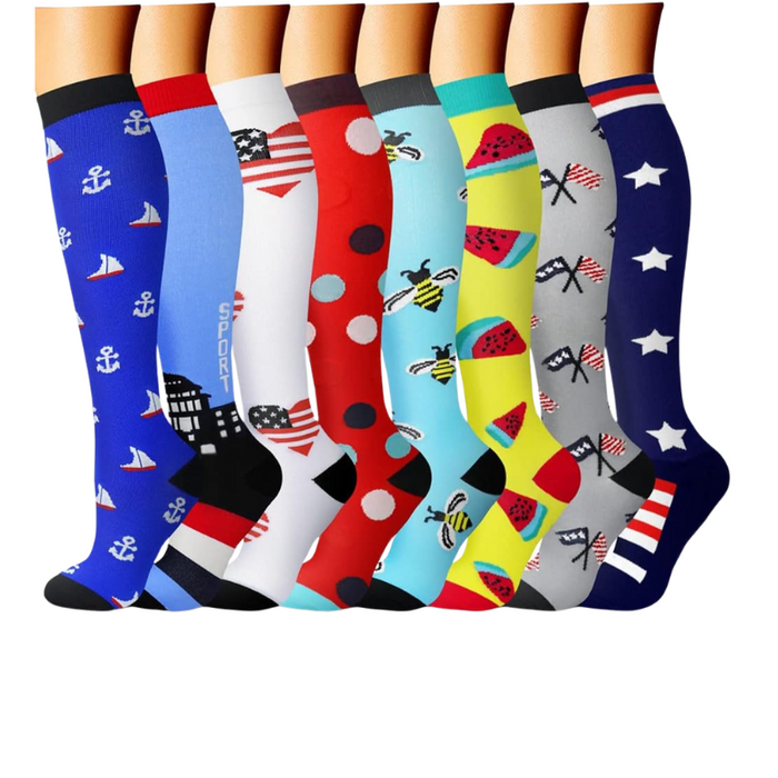 8-Pack Printed Pattern Compression Socks - Comfortable and Supportive