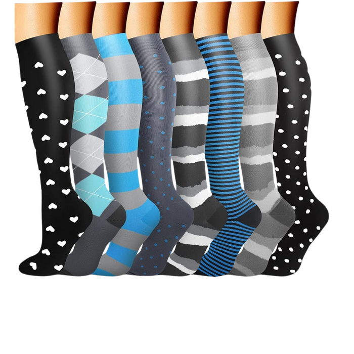 8-Pack Printed Pattern Compression Socks - Comfortable and Supportive