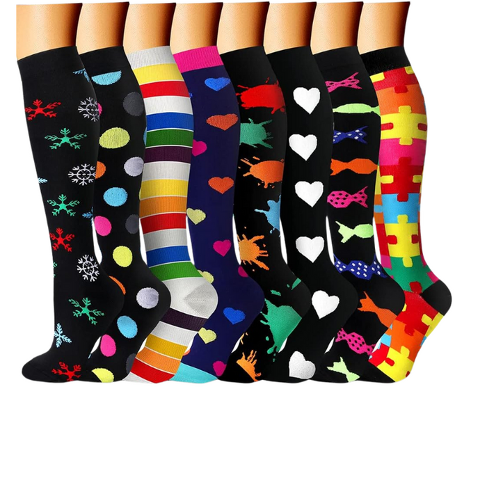 8-Pack Printed Pattern Compression Socks - Comfortable and Supportive