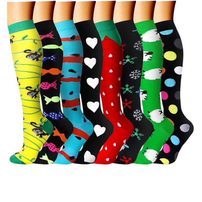 8-Pack Printed Pattern Compression Socks - Comfortable and Supportive