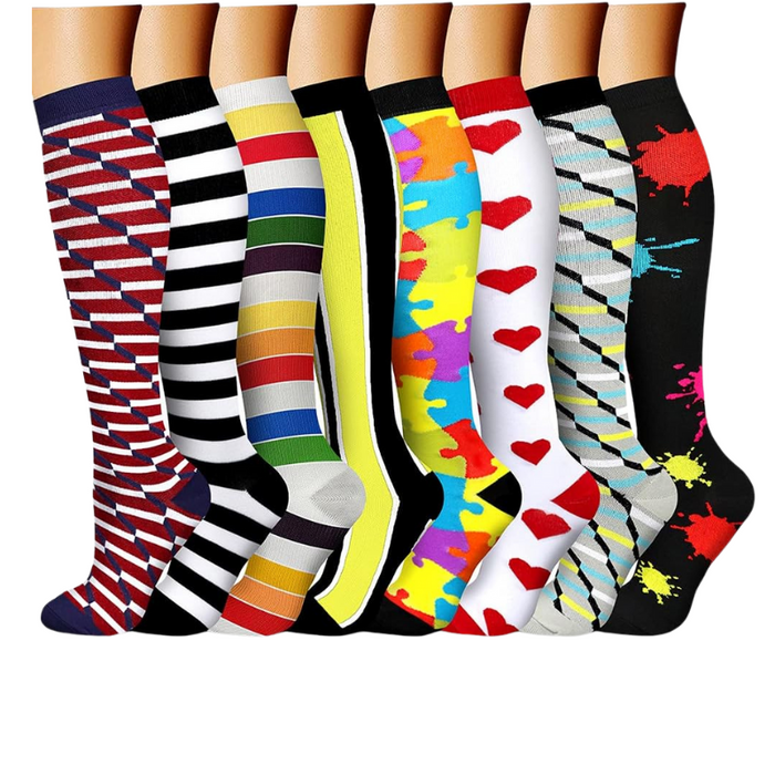 8-Pack Printed Pattern Compression Socks - Comfortable and Supportive