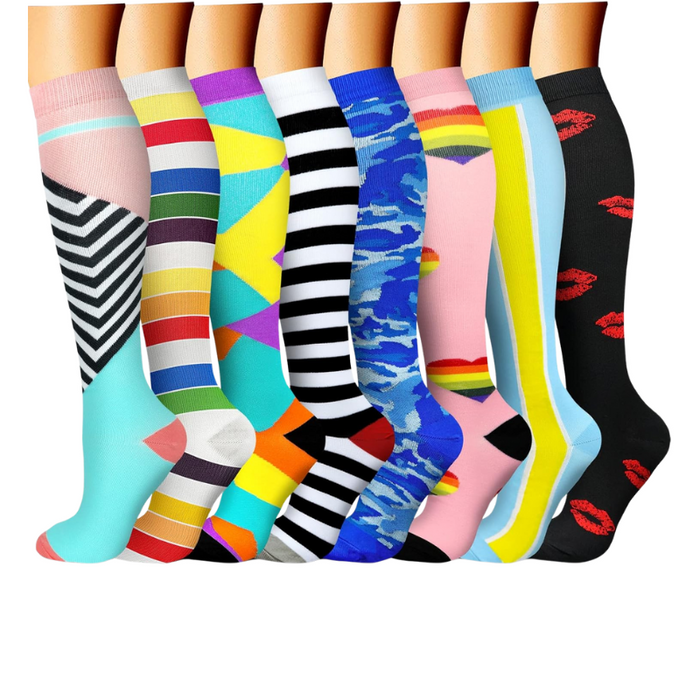 8-Pack Printed Pattern Compression Socks - Comfortable and Supportive