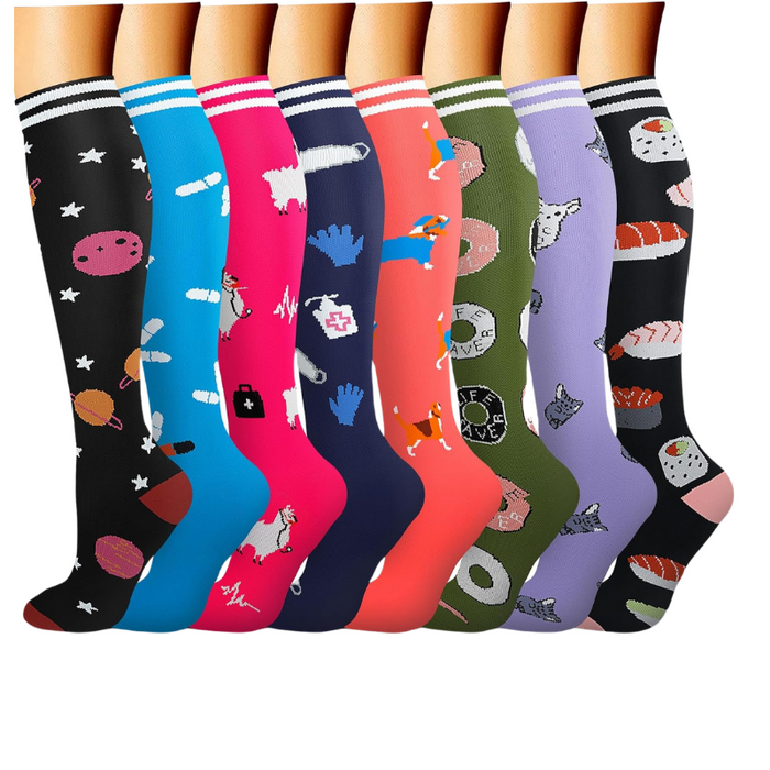 8-Pack Printed Pattern Compression Socks - Comfortable and Supportive