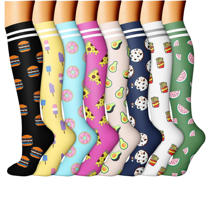 8-Pack Printed Pattern Compression Socks - Comfortable and Supportive