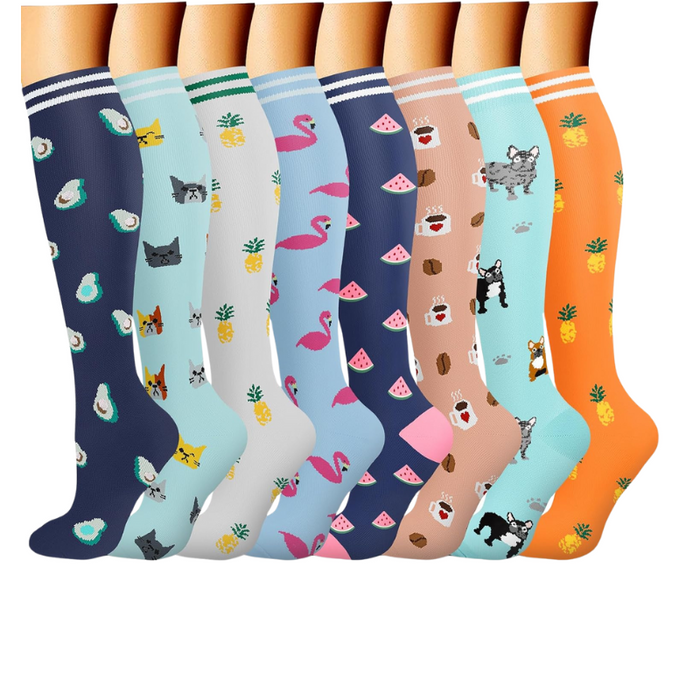 8-Pack Printed Pattern Compression Socks - Comfortable and Supportive