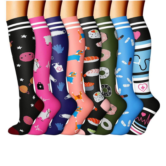 8-Pack Printed Pattern Compression Socks - Comfortable and Supportive